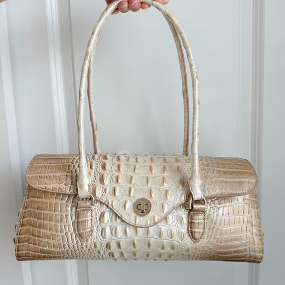Elegant Crocodile Embossed Tan and Cream Handbag - Picture 1 of 6